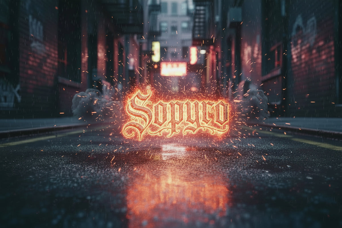 A dark charcoal textured square card or print featuring the word 'Sopiro' in ornate silver gothic lettering, styled on a light gray surface with a pen, notebook, and other desk props around it.