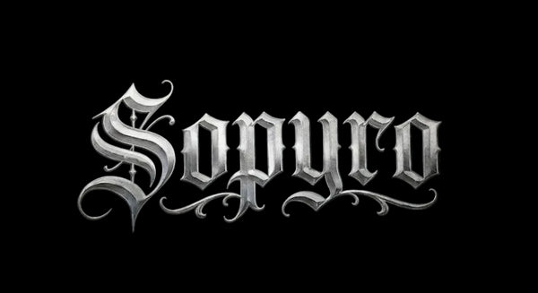The word 'Sopyro' rendered in a stylized metallic silver gothic font against a solid black background.